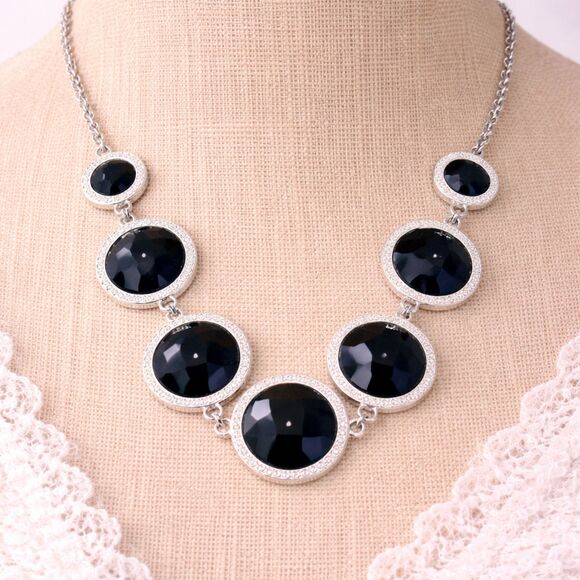 White House Black Market Silver Tone Black Rhinestone Accented Link Necklace - Picture 2 of 6
